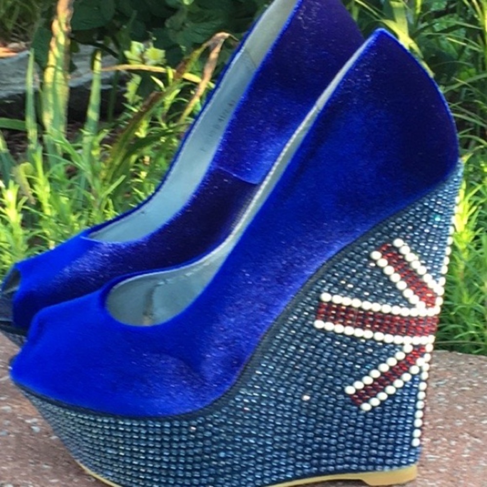 COPY - SunTour Euro 40 🇬🇧 VINTAGE Platform Peep-toe Wedge Leather & Rhinestone - Picture 8 of 17